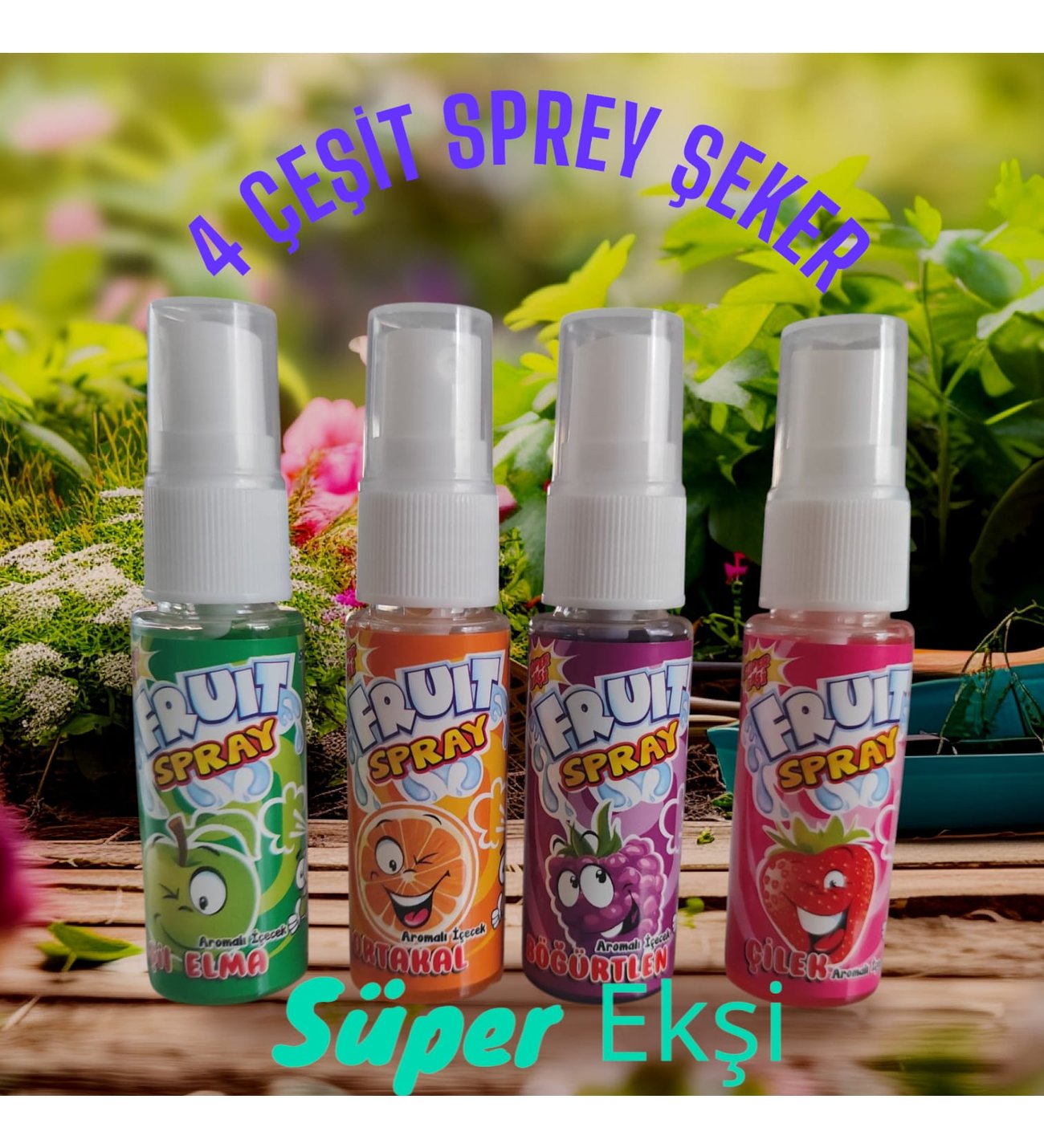 Sprey Meyve Suyu Sprey Şeker Süper Ekşi Çilek-Portakal-Böğürtlen-Yeşil Elma 